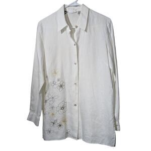 Vtg Richard Malcolm Irish Linen Ecru Embroidered Flowers Button Front Shirt Sz M